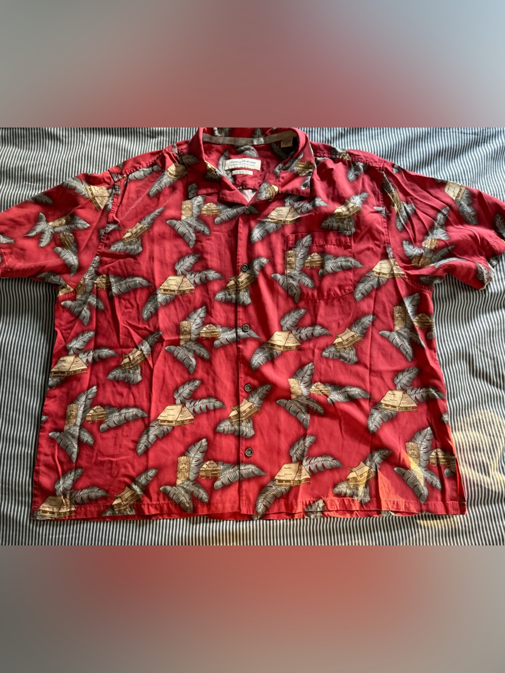 Tommy Bahama mens Red Short-Sleeve Button-Down with palm and hut Print